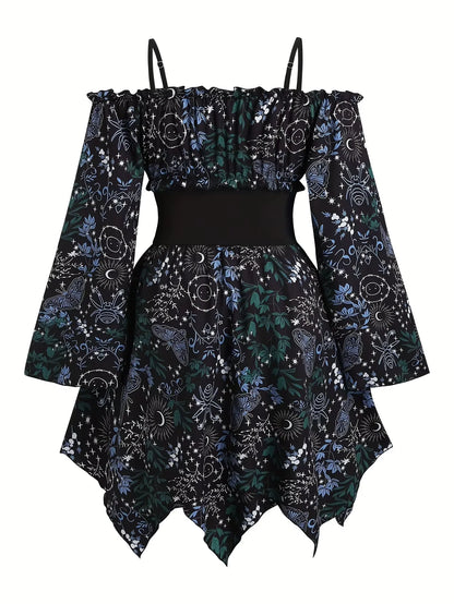 Large Size Bohemian-Style Women's Corset Dress Off-Shoulder Full-Body Print Asymmetrical Hem Flared Sleeve for Casual Wear