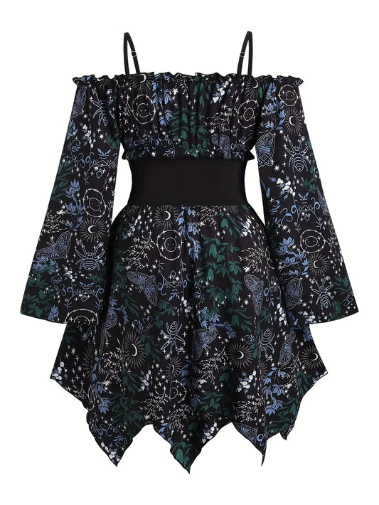 Large Size Bohemian-Style Women's Corset Dress Off-Shoulder Full-Body Print Asymmetrical Hem Flared Sleeve for Casual Wear