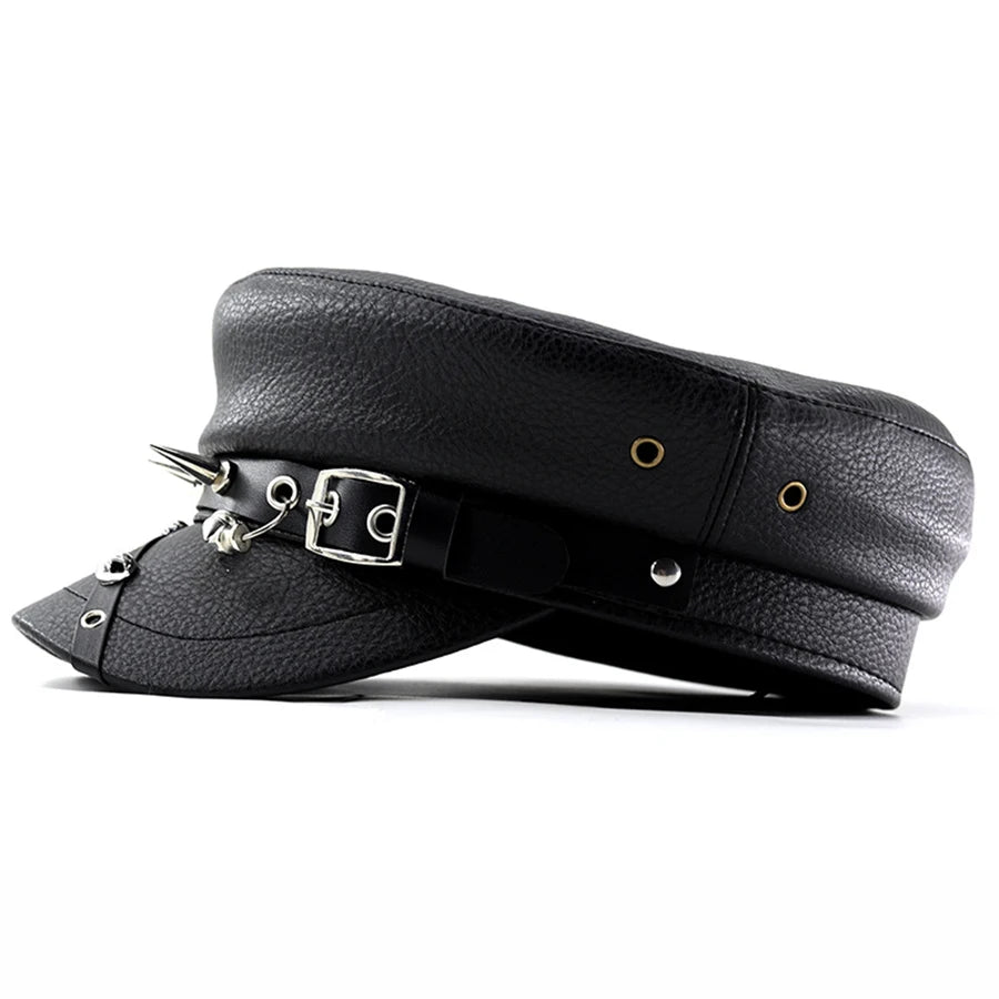 Women's Trendy Beret Black Pu Leather Flat Top Captain Military Caps Women's Accessories