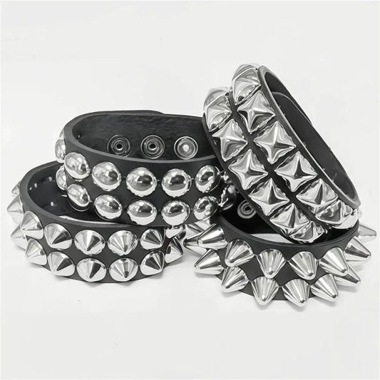 New Square Wide Punk Chunky Rivet Leather Bangle Rock Rows Nails Wristband Adjustable Size Jewelry Bracelets & Bangle