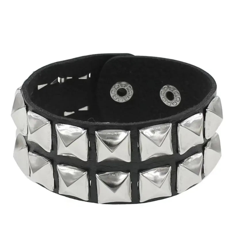 New Square Wide Punk Chunky Rivet Leather Bangle Rock Rows Nails Wristband Adjustable Size Jewelry Bracelets & Bangle