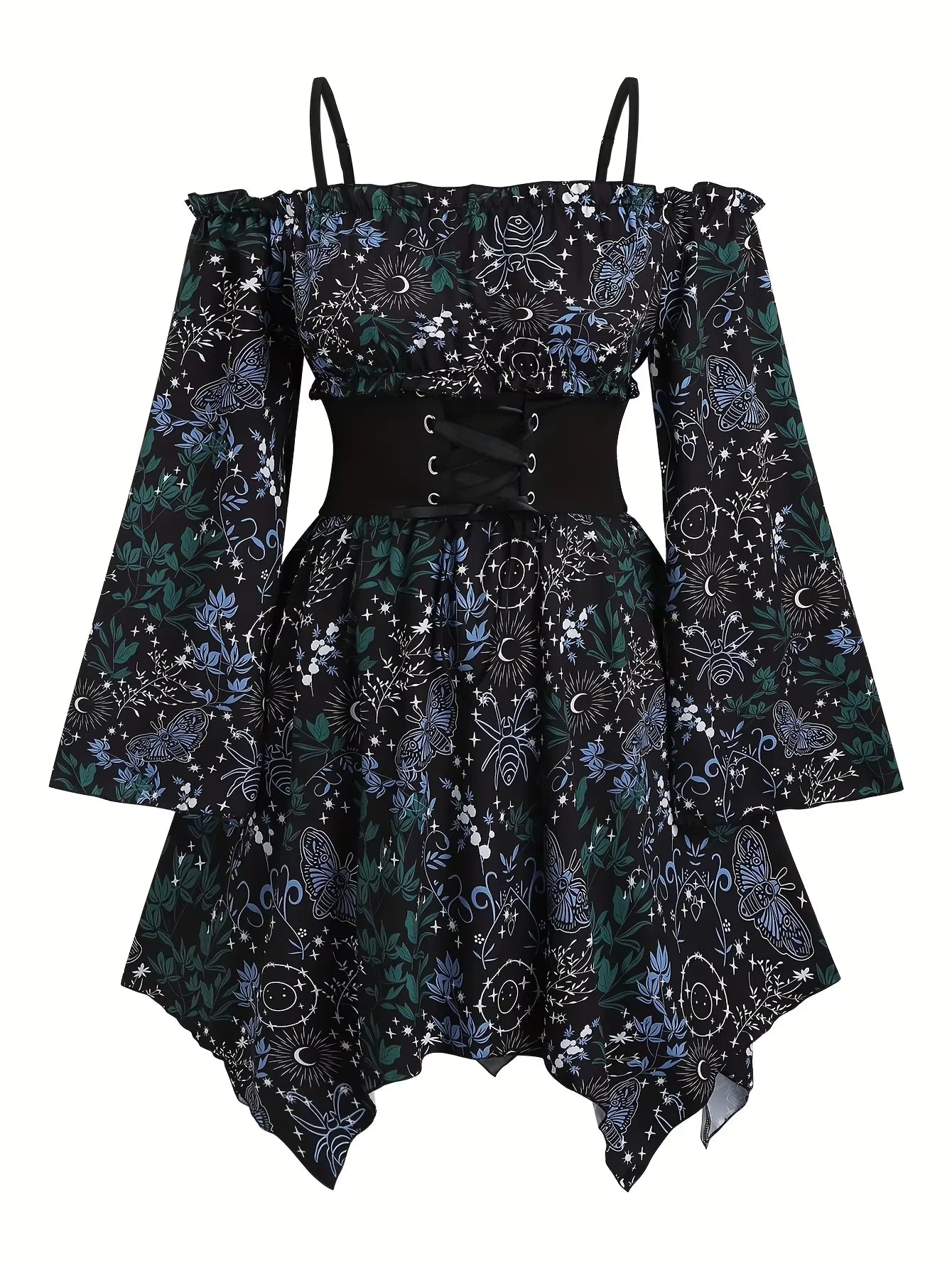 Large Size Bohemian-Style Women's Corset Dress Off-Shoulder Full-Body Print Asymmetrical Hem Flared Sleeve for Casual Wear