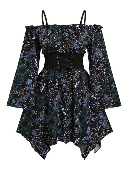 Large Size Bohemian-Style Women's Corset Dress Off-Shoulder Full-Body Print Asymmetrical Hem Flared Sleeve for Casual Wear