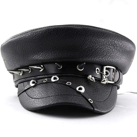 Women's Trendy Beret Black Pu Leather Flat Top Captain Military Caps Women's Accessories