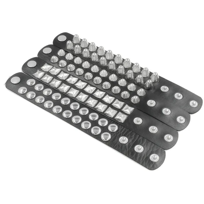 New Square Wide Punk Chunky Rivet Leather Bangle Rock Rows Nails Wristband Adjustable Size Jewelry Bracelets & Bangle