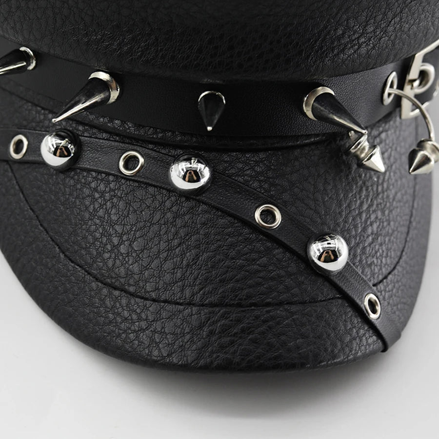 Women's Trendy Beret Black Pu Leather Flat Top Captain Military Caps Women's Accessories