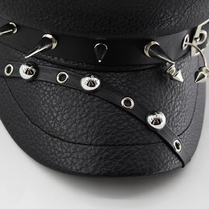 Women's Trendy Beret Black Pu Leather Flat Top Captain Military Caps Women's Accessories