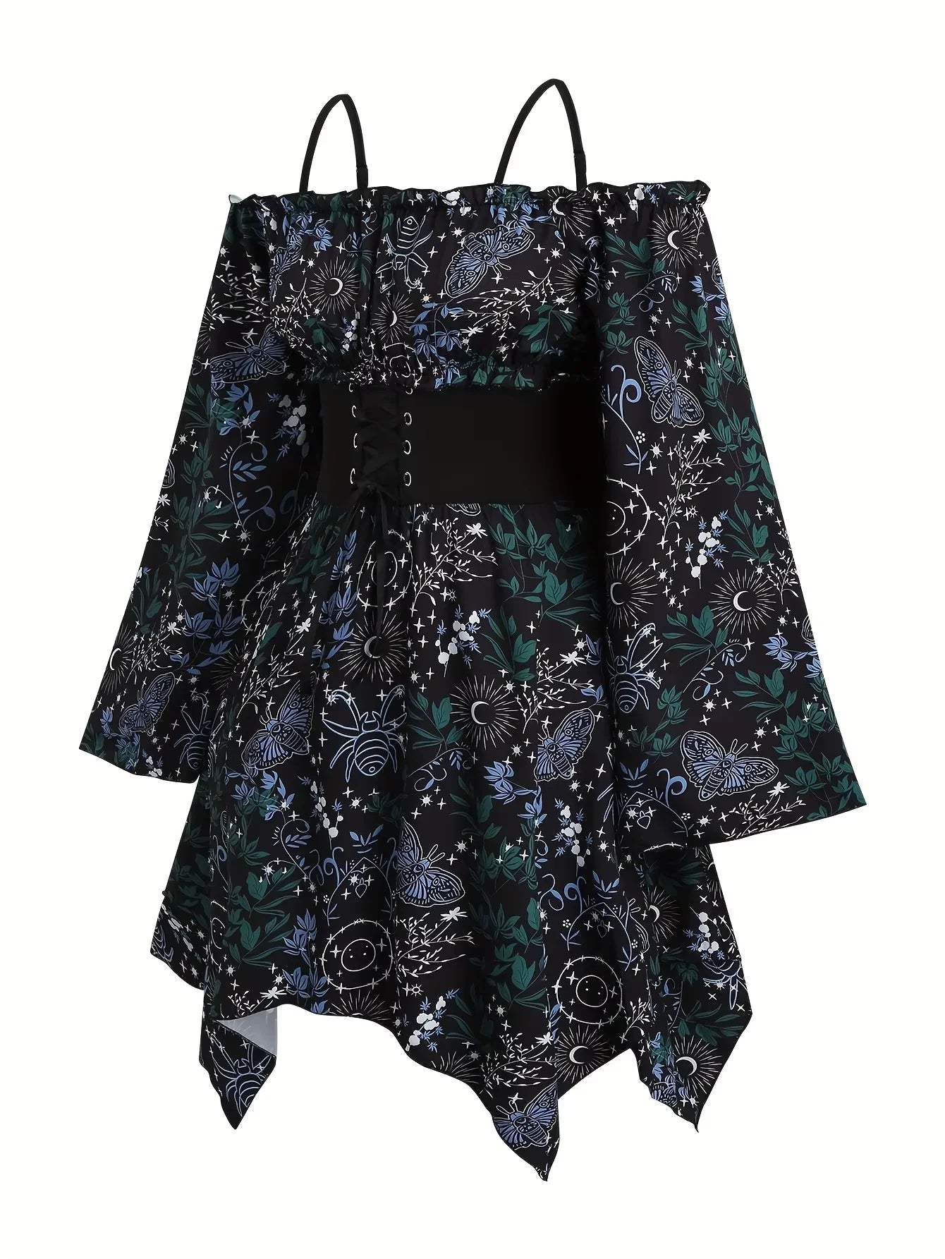 Large Size Bohemian-Style Women's Corset Dress Off-Shoulder Full-Body Print Asymmetrical Hem Flared Sleeve for Casual Wear