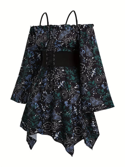 Large Size Bohemian-Style Women's Corset Dress Off-Shoulder Full-Body Print Asymmetrical Hem Flared Sleeve for Casual Wear