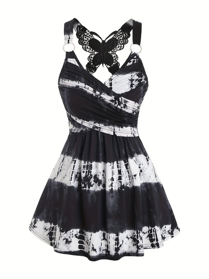 European and American fashion women's spring and summer new striped graffiti gradient sling butterfly lace cross vest